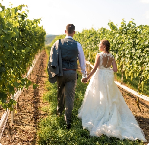 bride and groom walking through vineyward