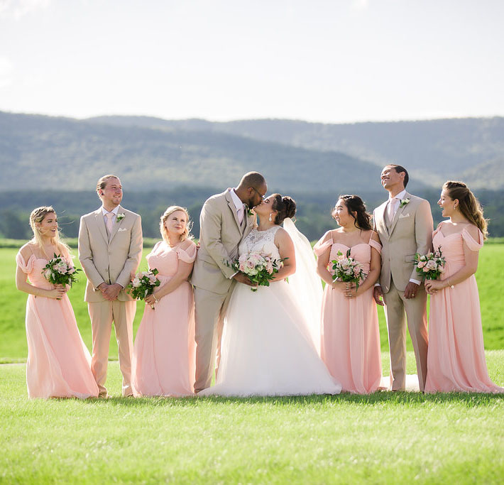wedding party, bride and groom kissing in field